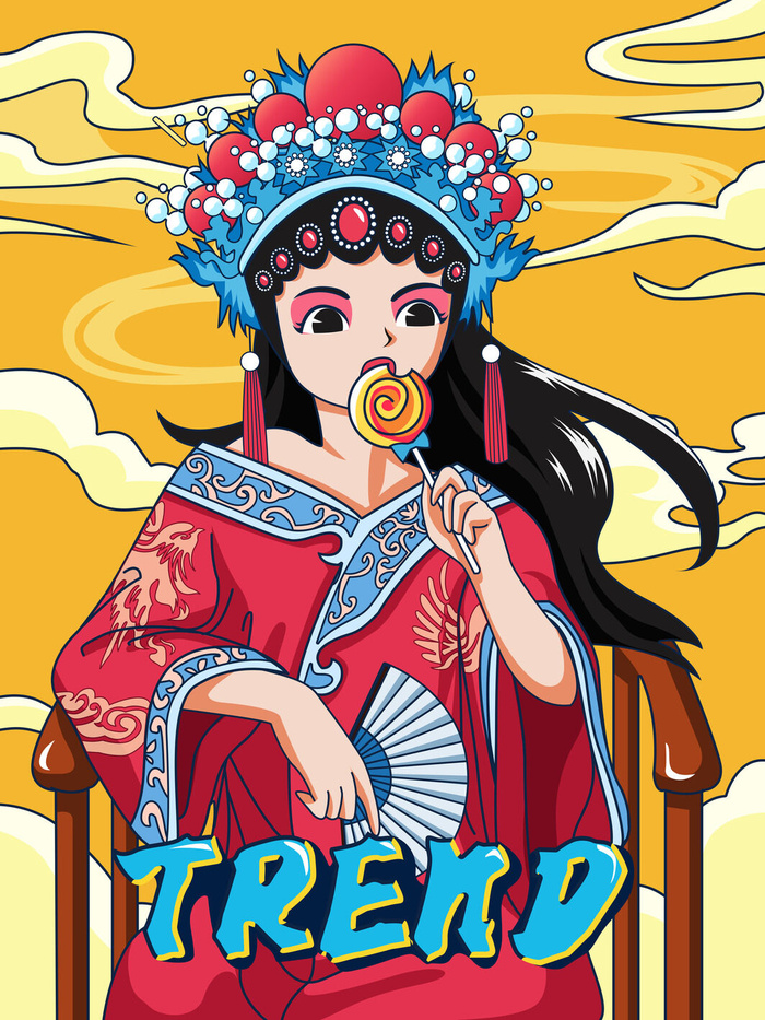 手绘中国风国潮京剧戏曲人物插画古风国粹花旦ai矢量ps设计素材图