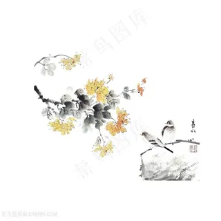 国画菊花小鸟图片