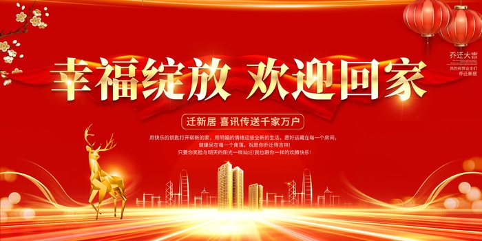 红色喜庆简约乔迁大吉展板psd模版下载