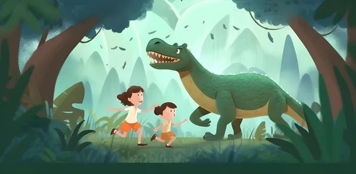 恐龙儿童大自然森林奔跑插画海报素材背景(6272x3072)