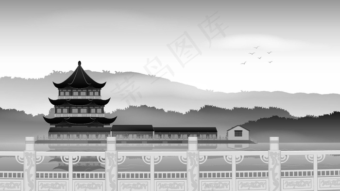 古风建筑插画ai矢量模版下载