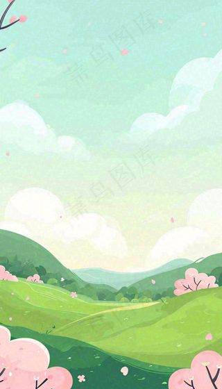 春天卡通手绘绿色的山景和开满粉红色画的树，春游，踏青，春分