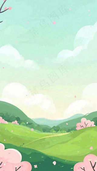 春天卡通手绘绿色的山景和开满粉红色画的树，春游，踏青，春分