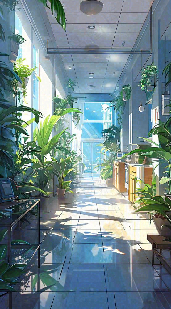 夏天明媚的阳光洒进办公室绿色的植物在办公室走廊上，线性插画手绘(816x1472)