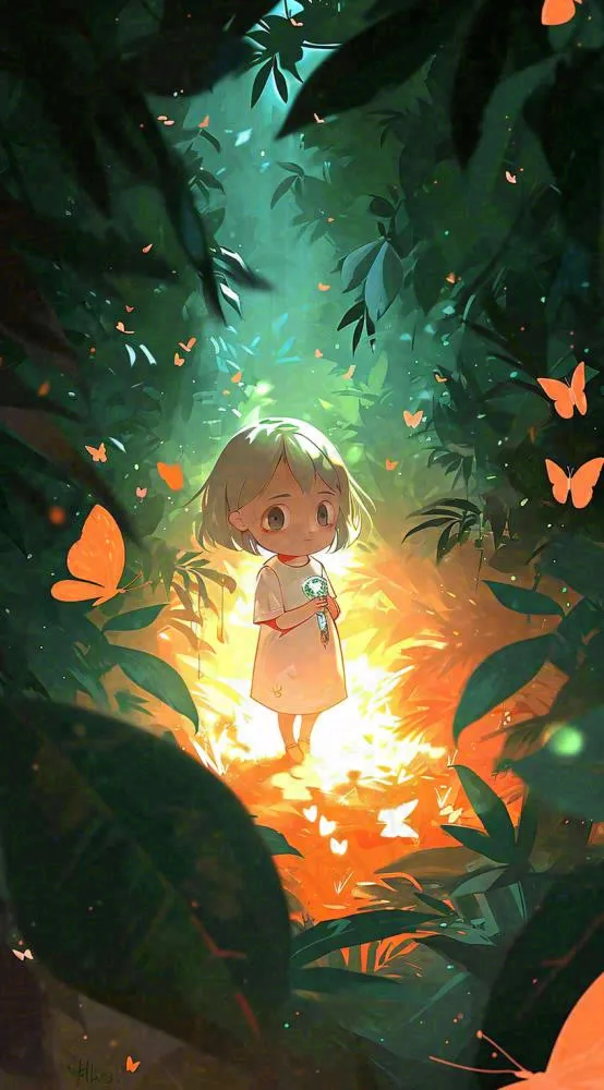 森林丛林夜晚女孩玩耍手绘插画，蝴蝶可爱(816x1472)