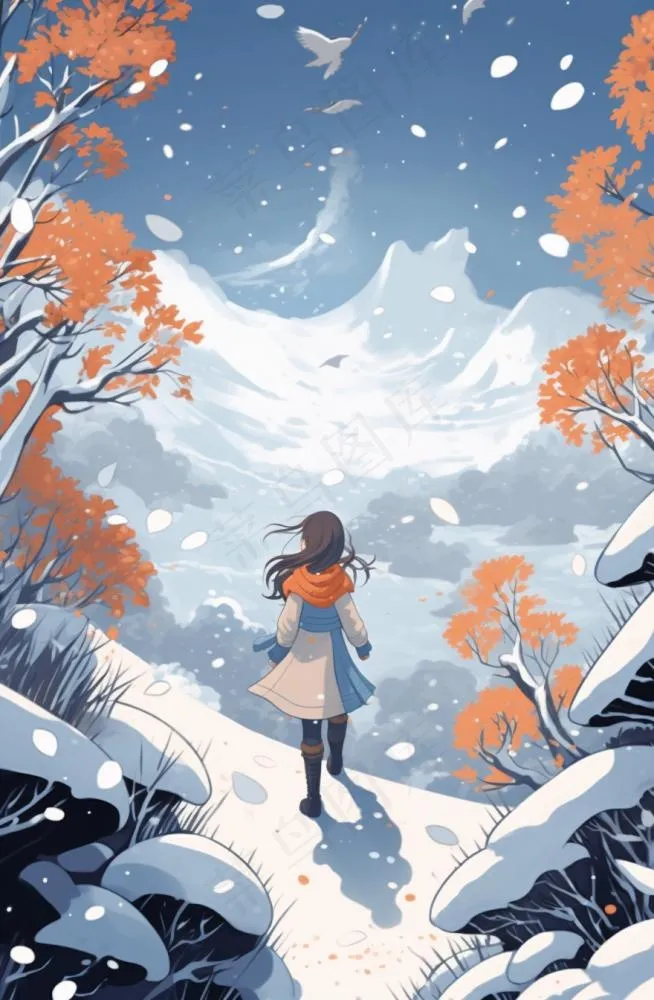 冬季在雪地里漫步的少女女孩漫天飞雪卡通插画背景(880x1344)