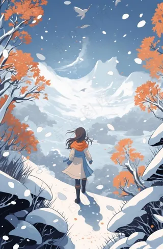 冬季在雪地里漫步的少女女孩漫天飞雪卡通插画背景