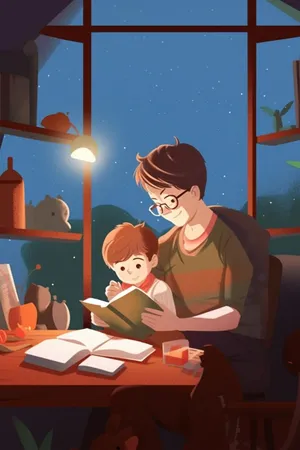 父子夜晚看书温馨海报背景