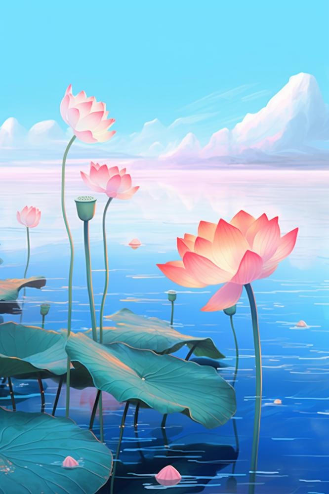 蓝色光影清新荷花背景