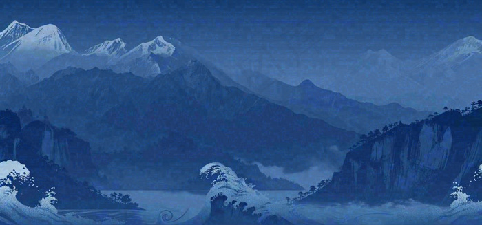 中国风意境山脉雪山海浪蓝色云层，末日暗黑恐怖
