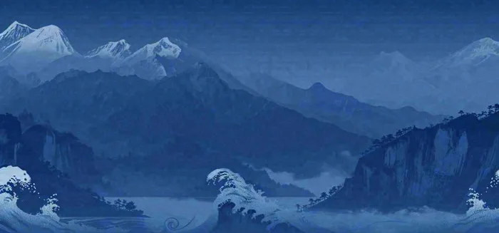 中国风意境山脉雪山海浪蓝色云层，末日暗黑恐怖(1488x696)
