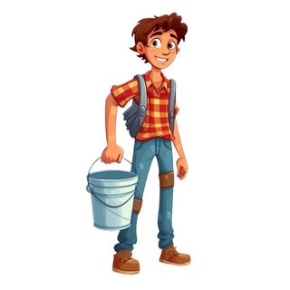 小男孩拿着水壶水桶浇水绿植草人物插画免抠