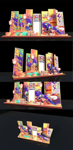 中式大气古风插画风格七夕美陈礼品区地堆美陈 中式大气古风插画风格七夕美陈礼品区地堆美陈