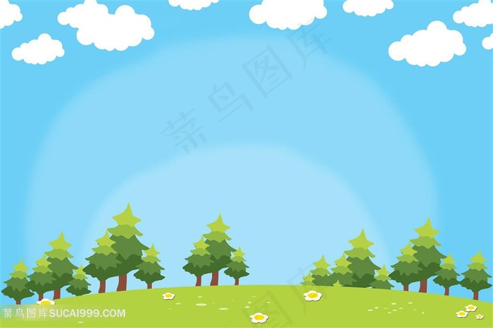 手绘蓝天白云树木树林草地插画