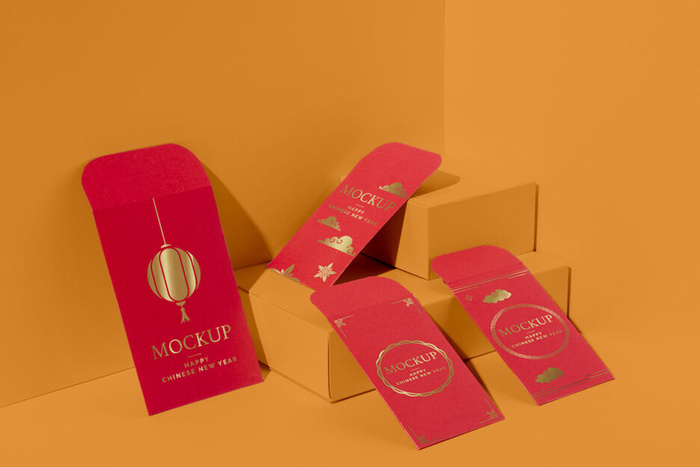 设计四个红包样机黄色背景