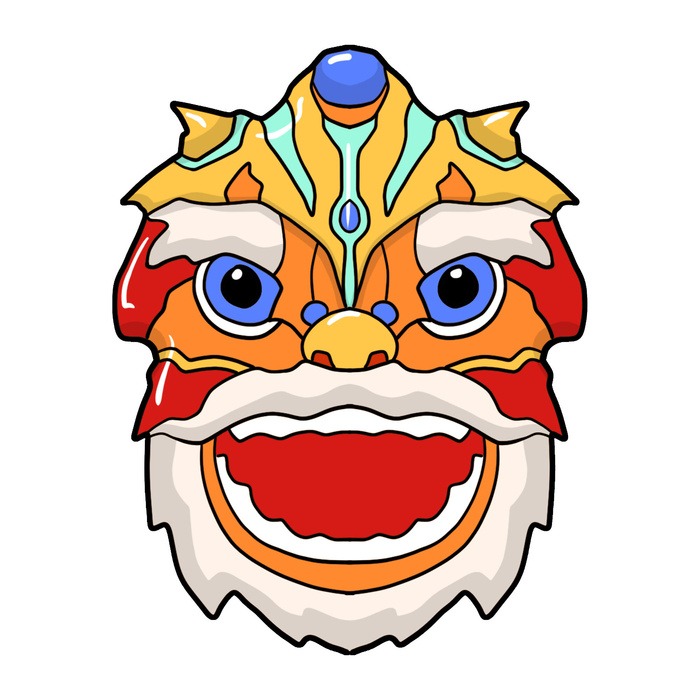 新年春节虎年元宵手绘人物舞狮卡通狮子头插画元素PSD设计素材