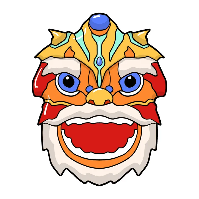 新年春节虎年元宵手绘人物舞狮卡通狮子头插画元素PSD设计素材