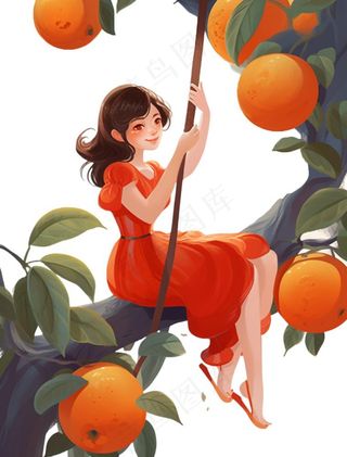 坐着橘子树上的女孩少女卡通插画免抠