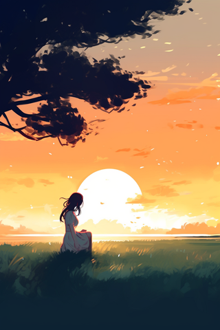 夕阳下女孩坐着树下草坪上远处的落日余晖卡通插画
