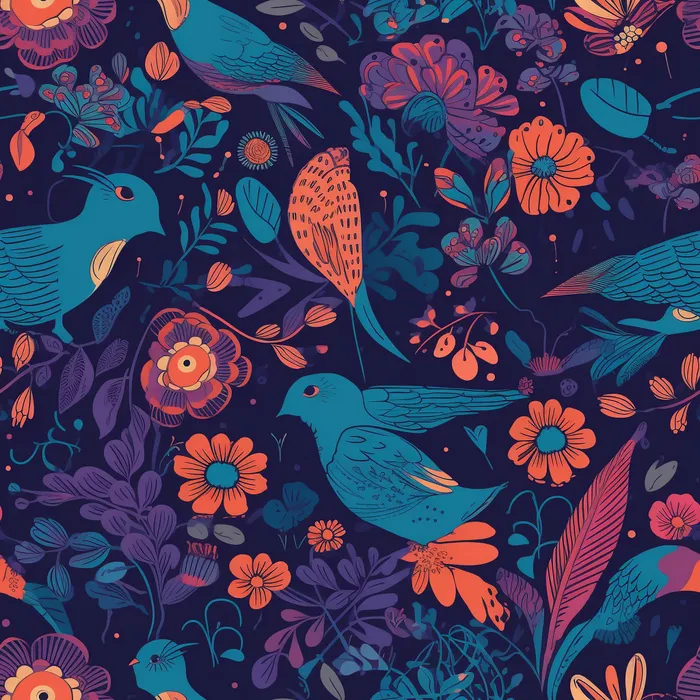花鸟图，插画风格，无缝贴图，素材