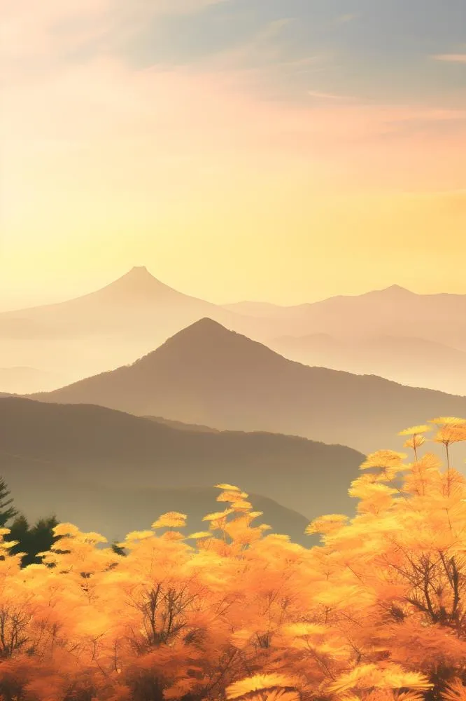 落日秋天树叶黄色山脉意境背景(2400x3600)