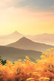 落日秋天树叶黄色山脉意境背景 落日秋天树叶黄色山脉意境背景