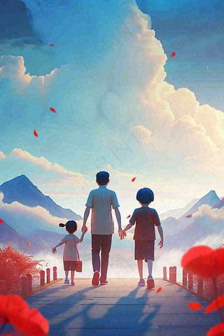 蓝天白云下行走背影，父亲节父爱温馨