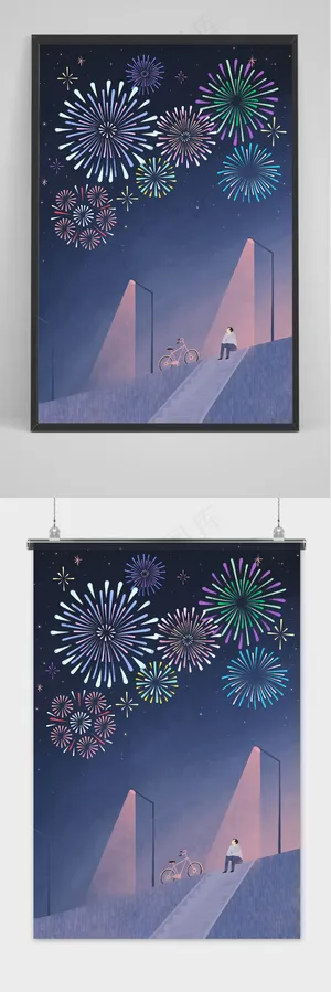 手绘节日新年炫彩烟花海报背景