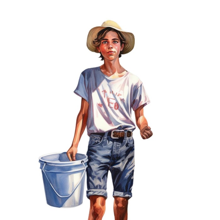 小男孩拿着水壶水桶浇水绿植草人物插画免抠(1024x1024)