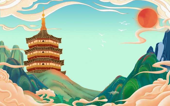 中国风国潮烫金仙鹤山水古建筑风景装饰插画背景PSD分层设计素材psd模版下载
