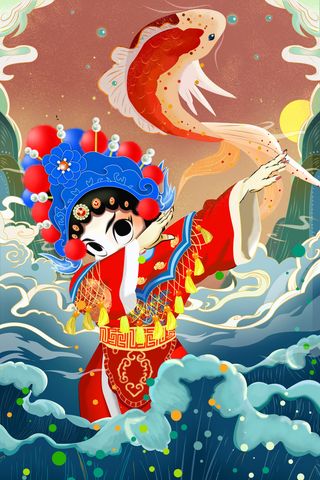 手绘中国风国潮京剧戏曲人物插画古风国粹花旦ai矢量ps设计素材图