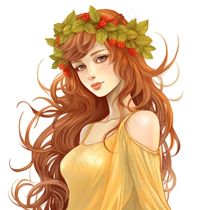 戴花环的黄裙少女插画免抠(1024x1024)