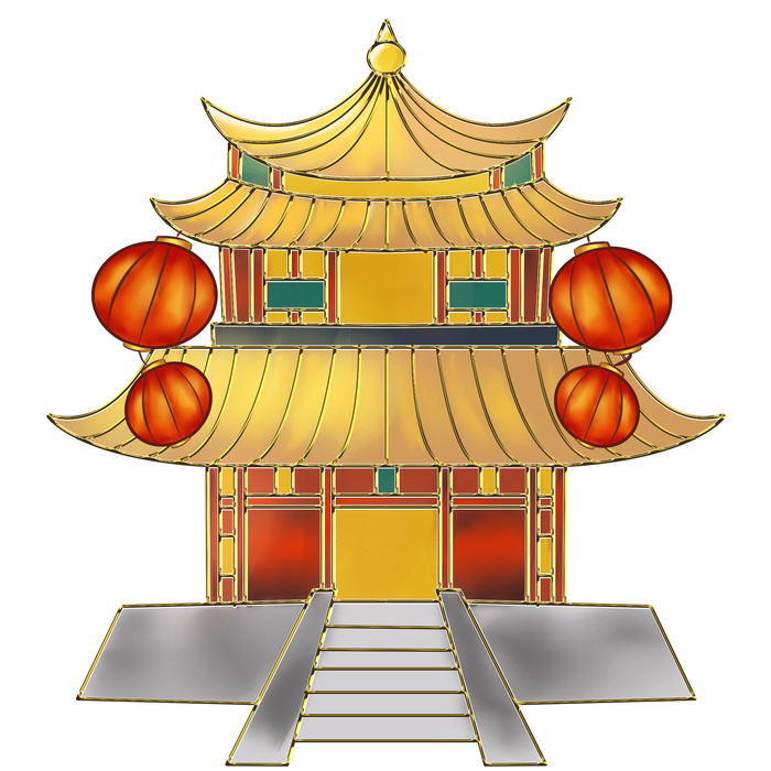 复古中国风国潮古建筑插画手绘高楼古塔PSD素材亭子png免抠图