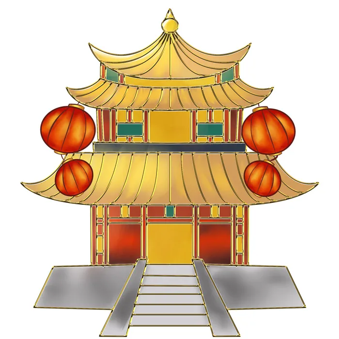 复古中国风国潮古建筑插画手绘高楼古塔PSD素材亭子png免抠图psd模版下载