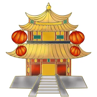 复古中国风国潮古建筑插画手绘高楼古塔PSD素材亭子png免抠图