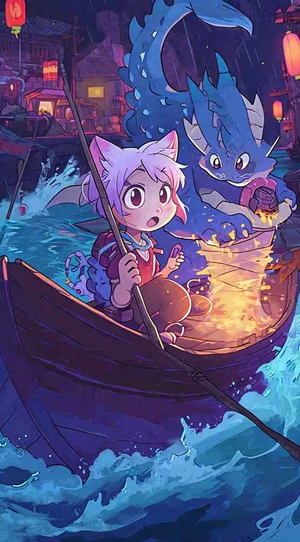 创意卡通古风河面人物游船，夜晚龙灯笼光照，海浪水面
