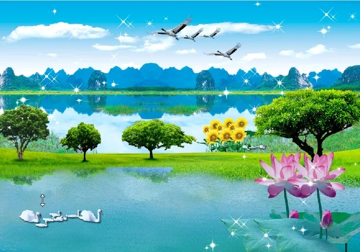 风景 荷花 花朵 美景 景色 清新 自然 树 山psd模版下载