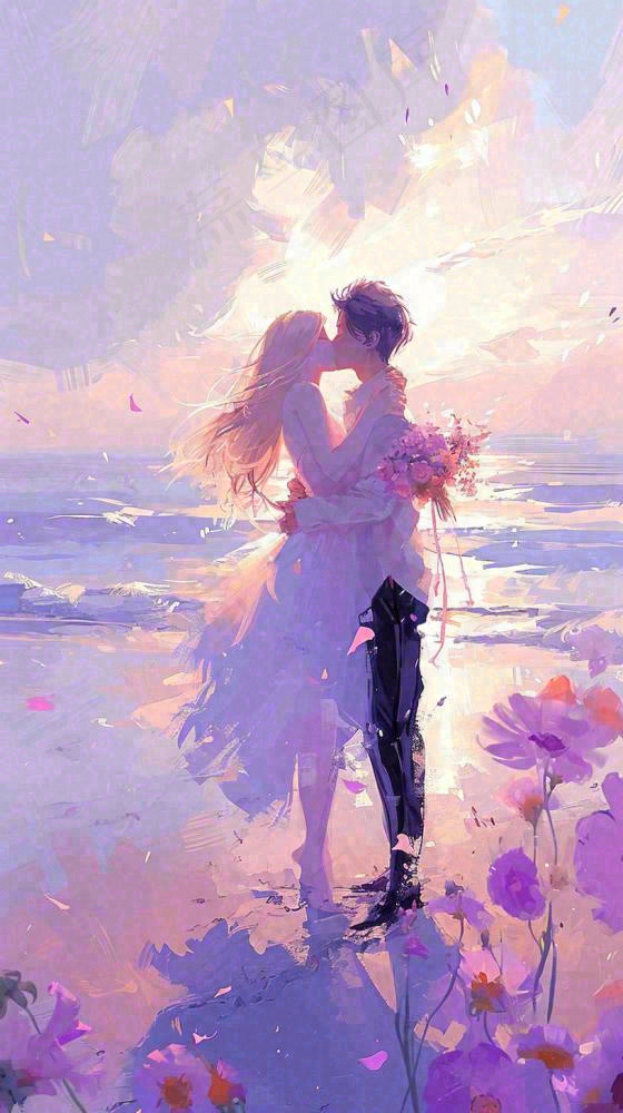 海边爱情情侣浪漫拥抱接吻，情人节婚纱照手绘插画