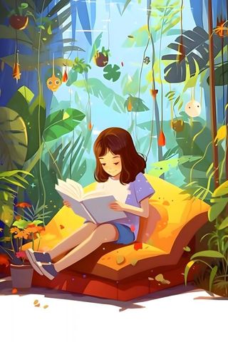 女孩在丛林氧吧读书卡通插画背景