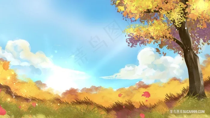 立秋秋天草地树木落叶手绘插画背景