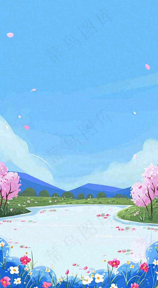 春天浪漫粉色樱花山脉河流蓝天白云清新手绘扁平插画，立春惊蛰(816x1488)