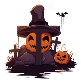 十字架坟墓南瓜怪物蝙蝠恐怖卡通插画免抠