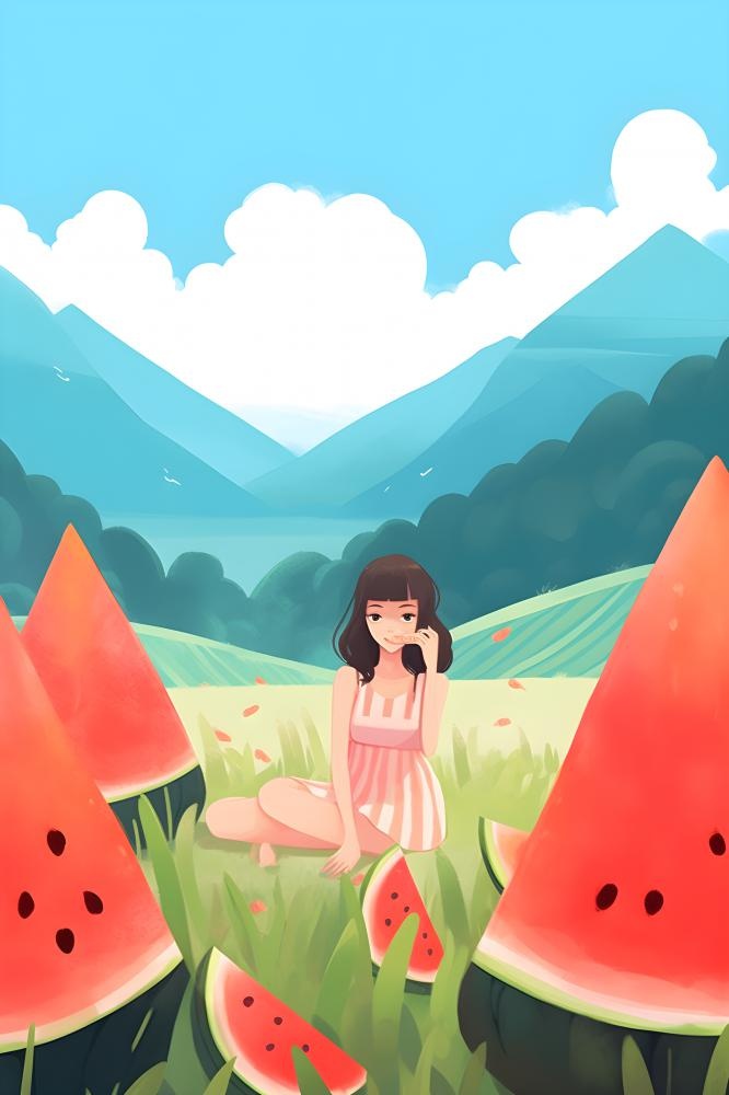 蓝天白云吃西瓜的女孩山草地插画背景