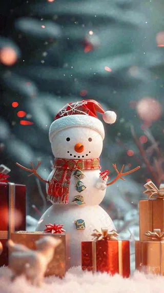 冬天圣诞节下雪圣诞树雪人礼物，冬季暖光