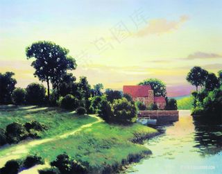 水彩乡村房子风景画