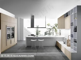 家居厨房的橱柜桌子摆设和植物摄影图片