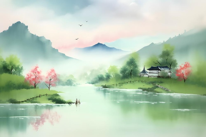国风清新山河绿植背景(3600x2400)