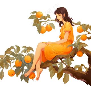 少女女孩坐着柿子树上橙色插画免抠