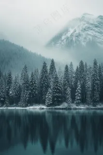 雪山树林河面背景 雪山树林河面背景