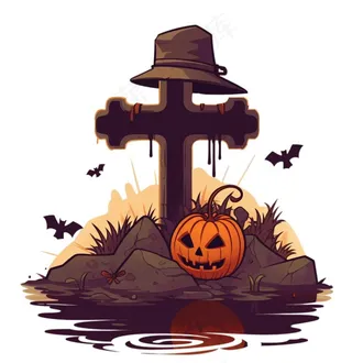 十字架坟墓南瓜怪物蝙蝠恐怖卡通插画免抠